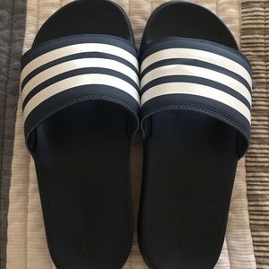 Womens Adidas blue & white striped flip flops